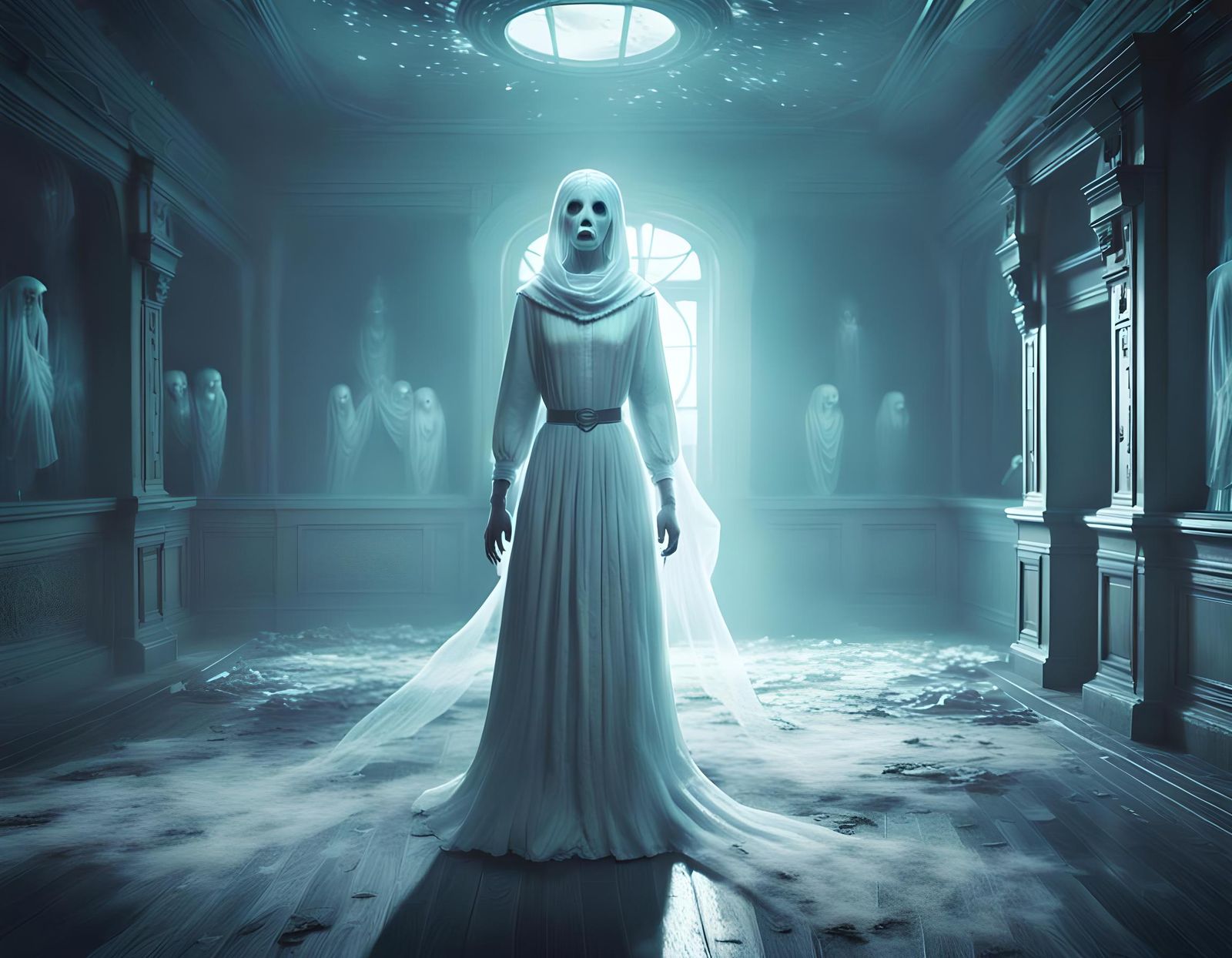 Eerie Female Ghost Apparition in Vintage Horror Scene