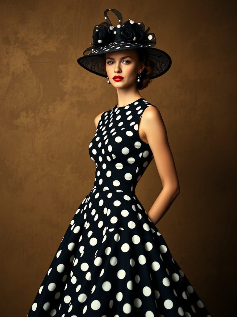Elegant Woman in Haute Couture Polka Dot Dress