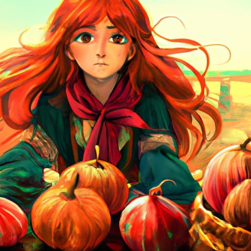 Redhead Witch with Pumpkins in Anime Style