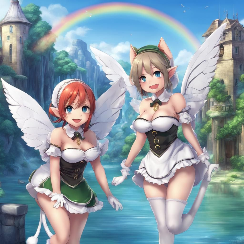 Cute Elf Maids with Wings in Anime Style