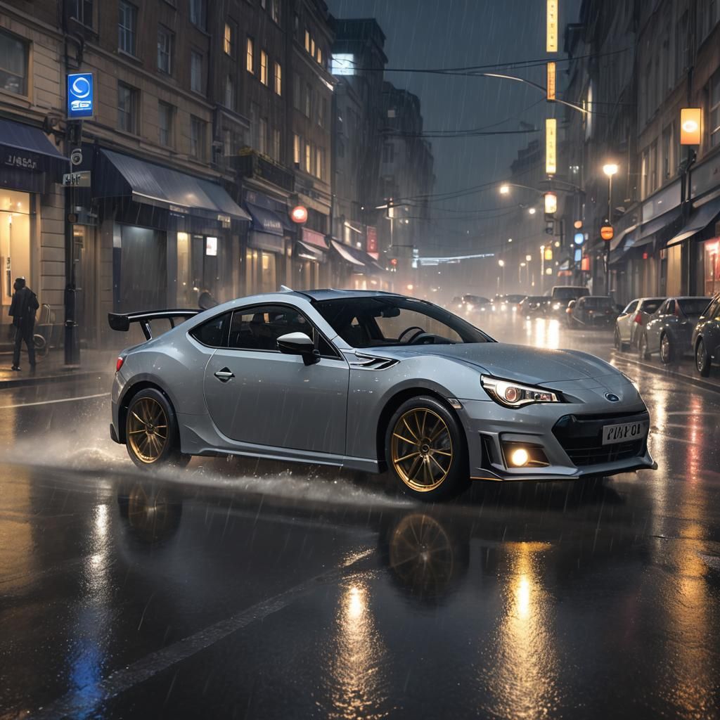 Subaru BRZ Drifting in Rainy London: 3D Anime Art