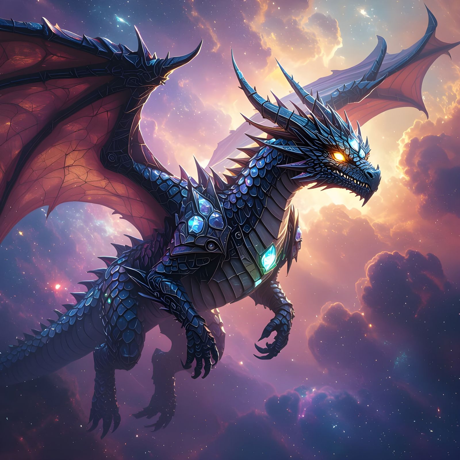 Biomechanical Crystal Dragon Soaring Through Nebula