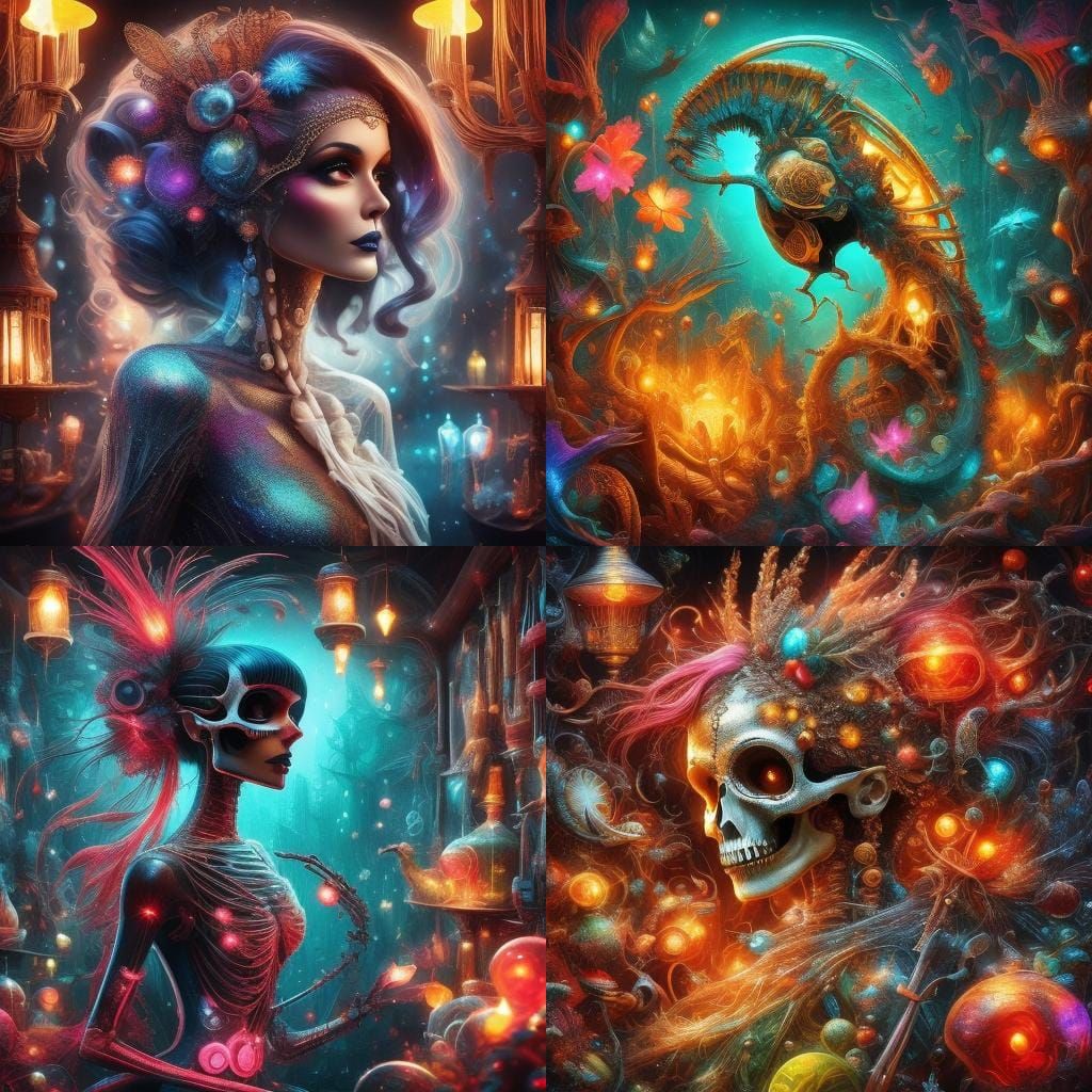 Neon Skeletal Flapper in Speakeasy, Alcohol Ink Style