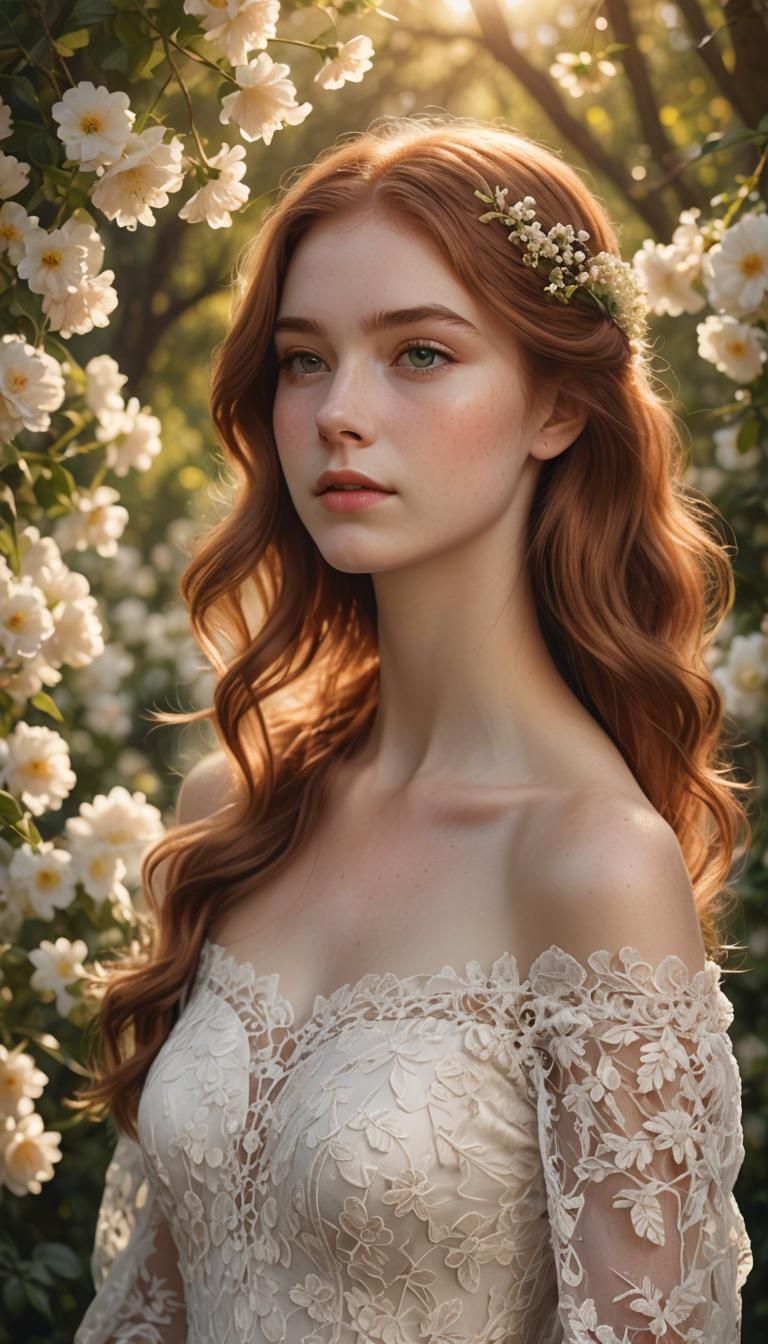 Ethereal Portrait of Auburn-Haired Woman in Garden