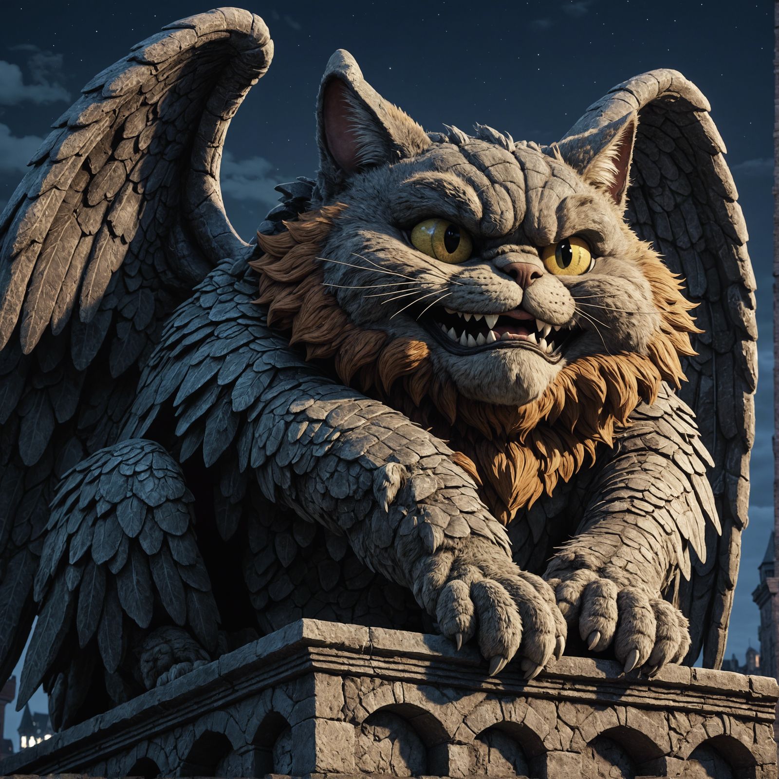 Mischievous Cat Gargoyle Digital Oil Painting