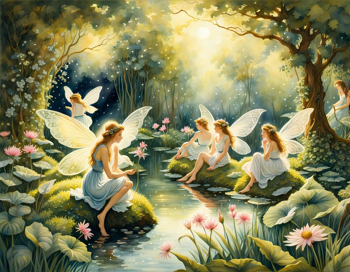 Fairies Frolic in Ethereal Garden: Watercolor Illustration