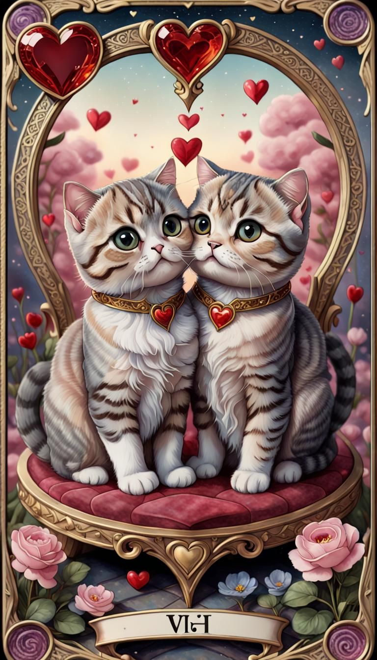 Chibi Cats 'The Lovers' Tarot Card in Watercolor Style
