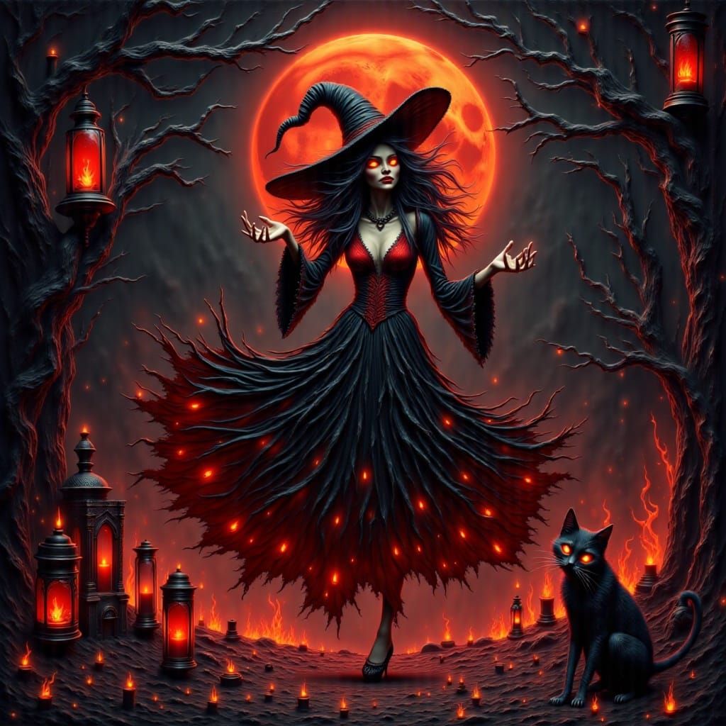 Witch's Ritual Under Blood Moon in Gothic Style