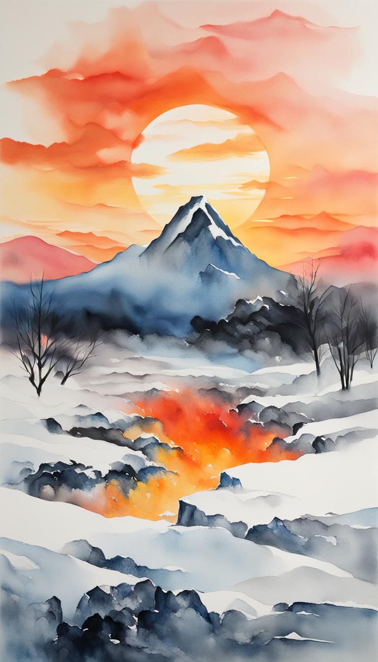 Minimalist Ink Painting of Sunset Ice Mountain