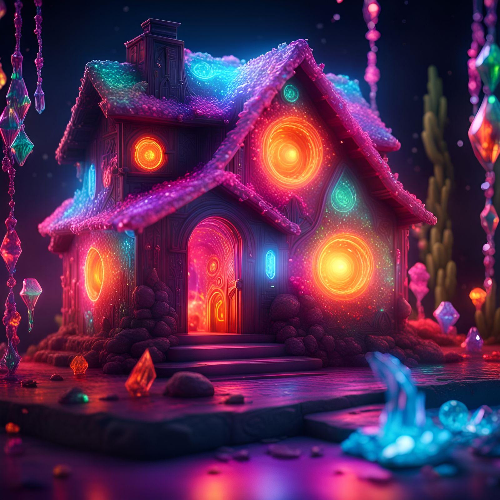 Cosmic Crystal Home in Neon Light, Digital Art