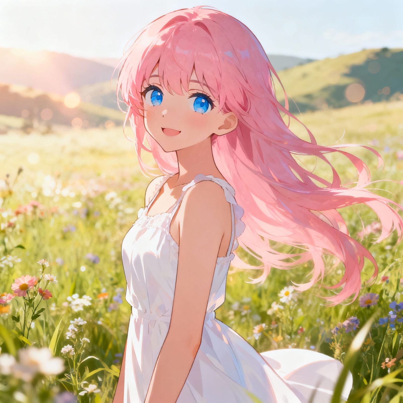 Anime Girl in Sun-Drenched Meadow