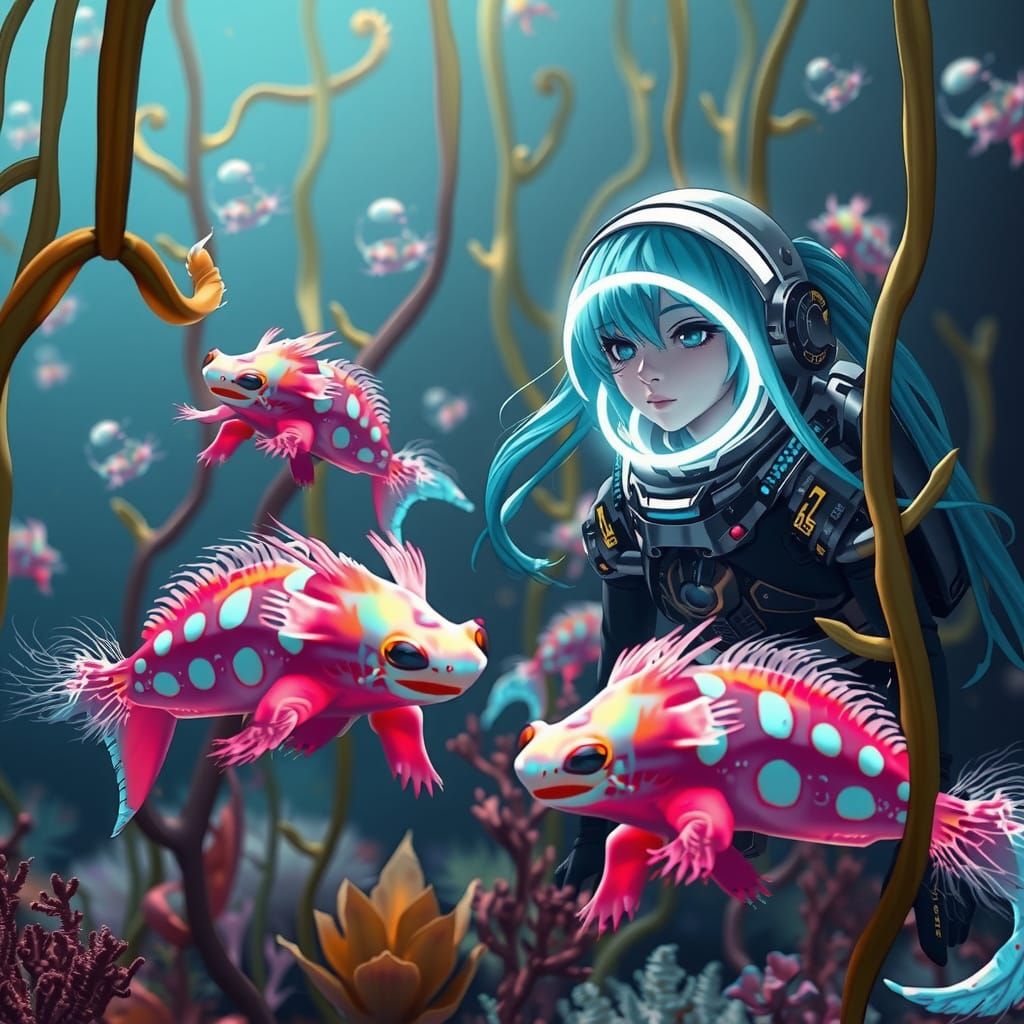 Futuristic Diver Discovers Axolotls in Luminous Underwater R...