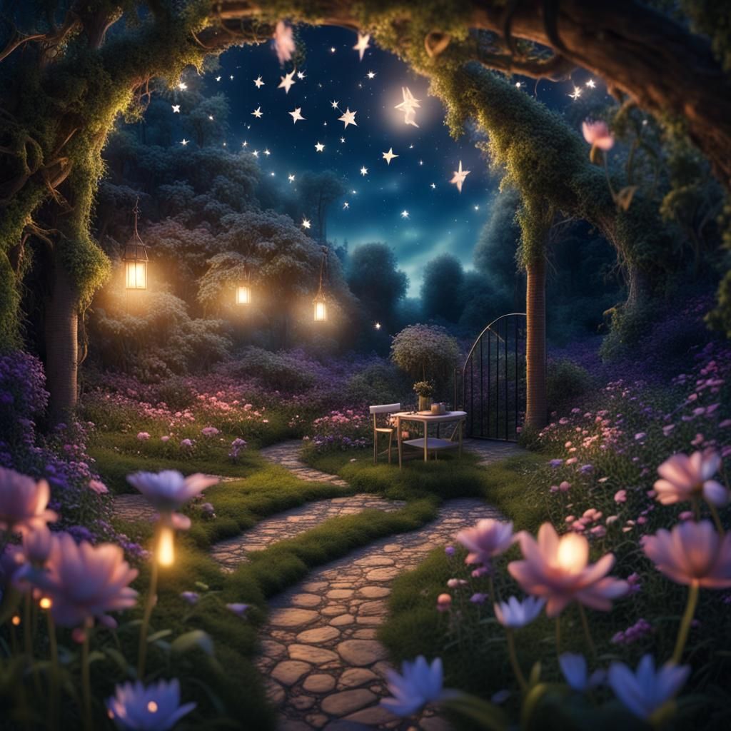 Magical Secret Garden Haven at Night