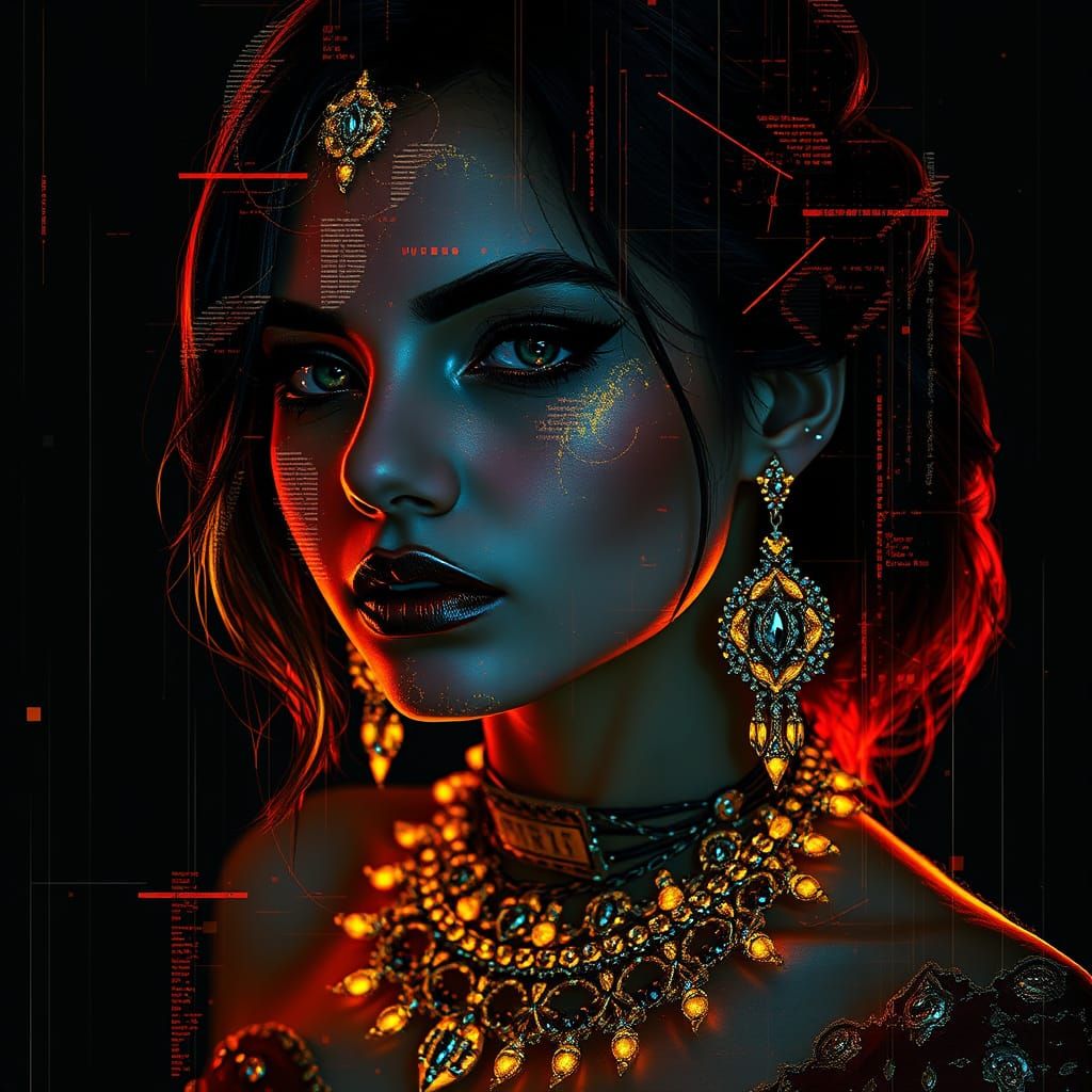 Bioluminescent Woman with Glitch Art in Cyberpunk Style