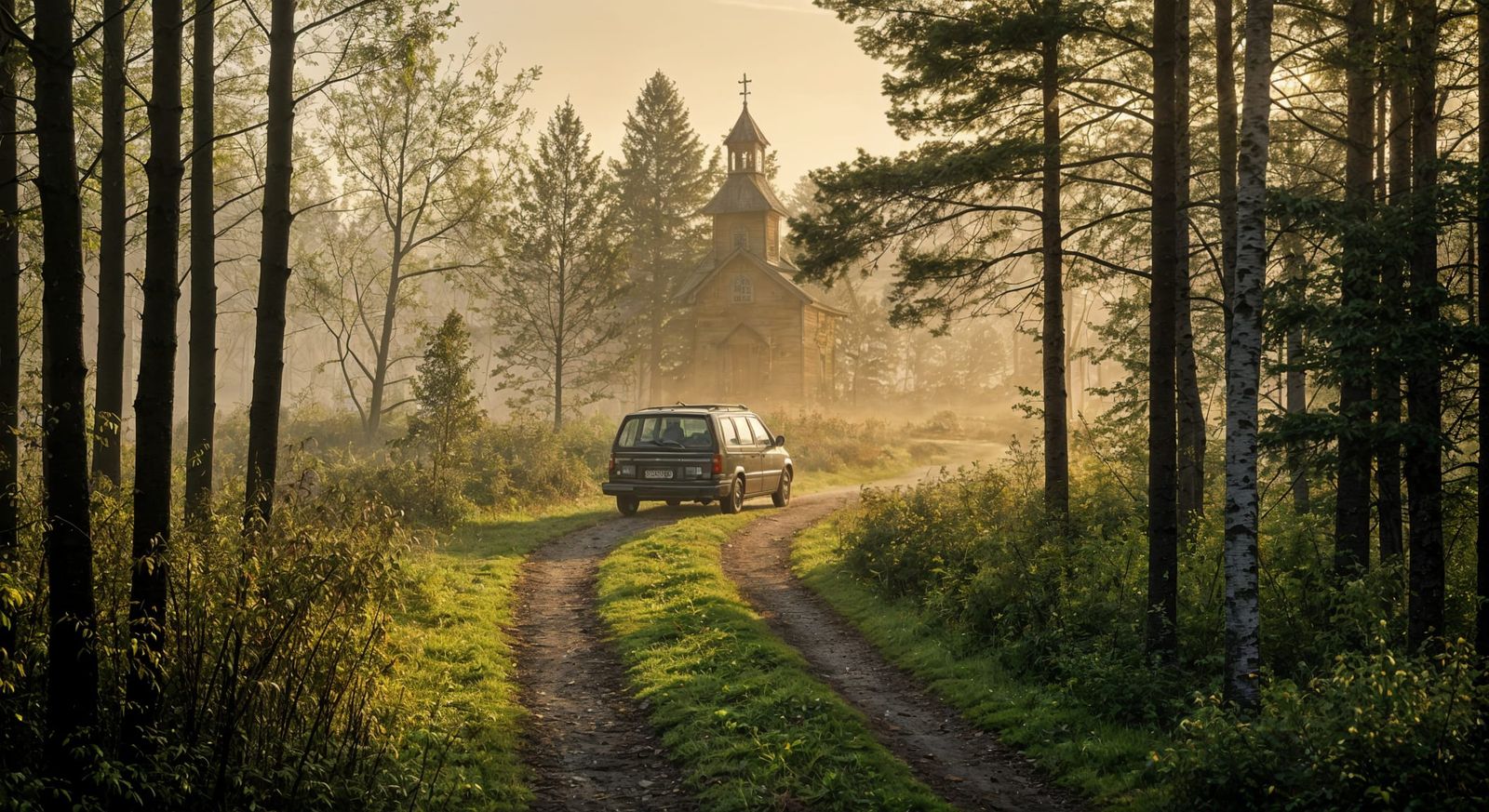 Volvo 850 on Forest Road in Autumn Fog