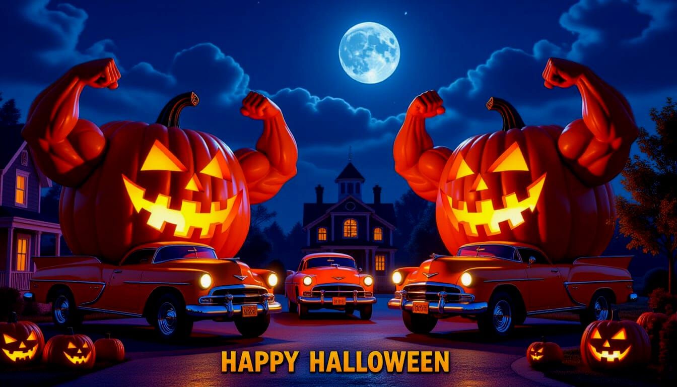 Muscular Pumpkin Village Halloween Art