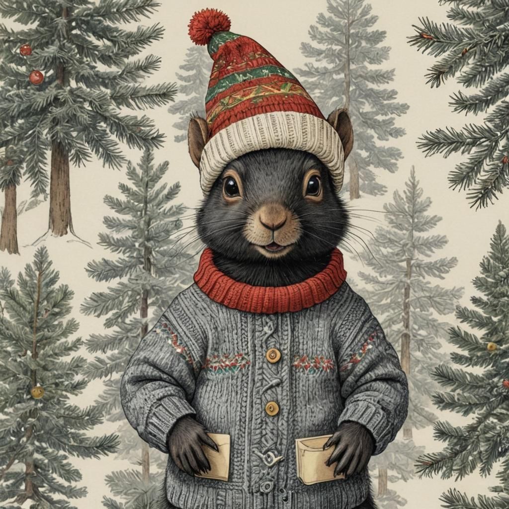 Festive Black Squirrel in Winsor McCay Style