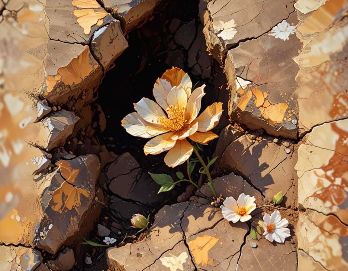 Flower Blooms in Cracked Earth: Fauvist Digital Art