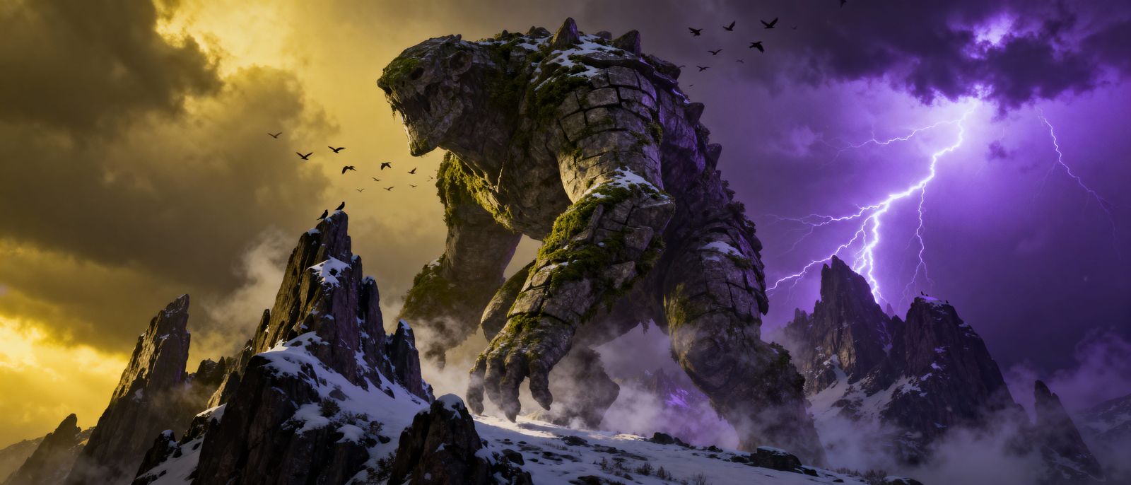 Colossal Mountain Creature in Stormy Sky