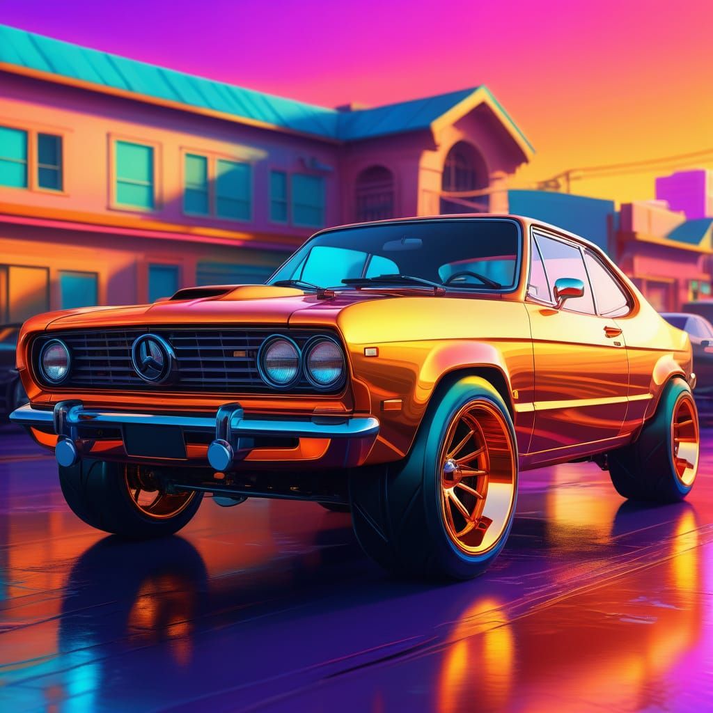 Cartoon Car with Neon Lights in Digital Painting