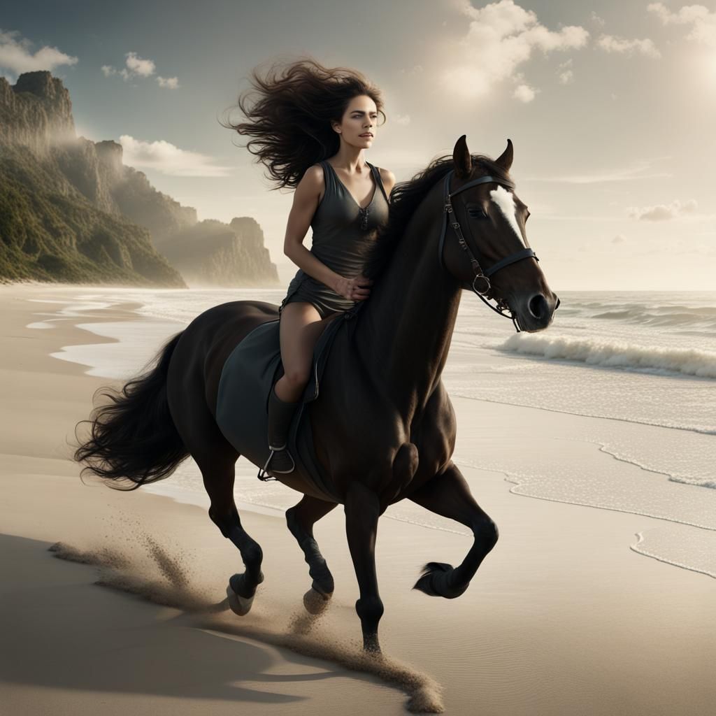 Utopian Beach Scene: Horse, Woman, and Freedom