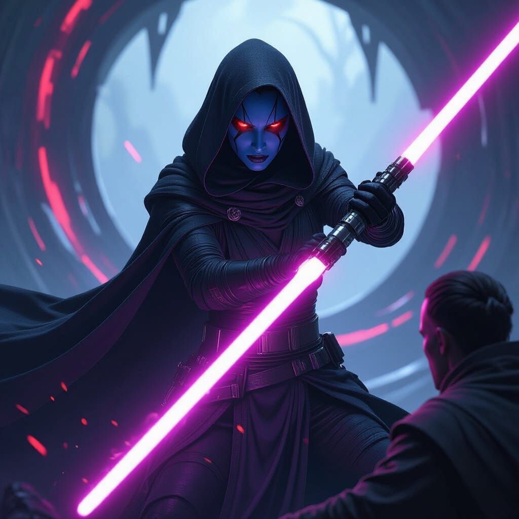 Chiss Sith Lord Fights Jedi with Purple Double Saber