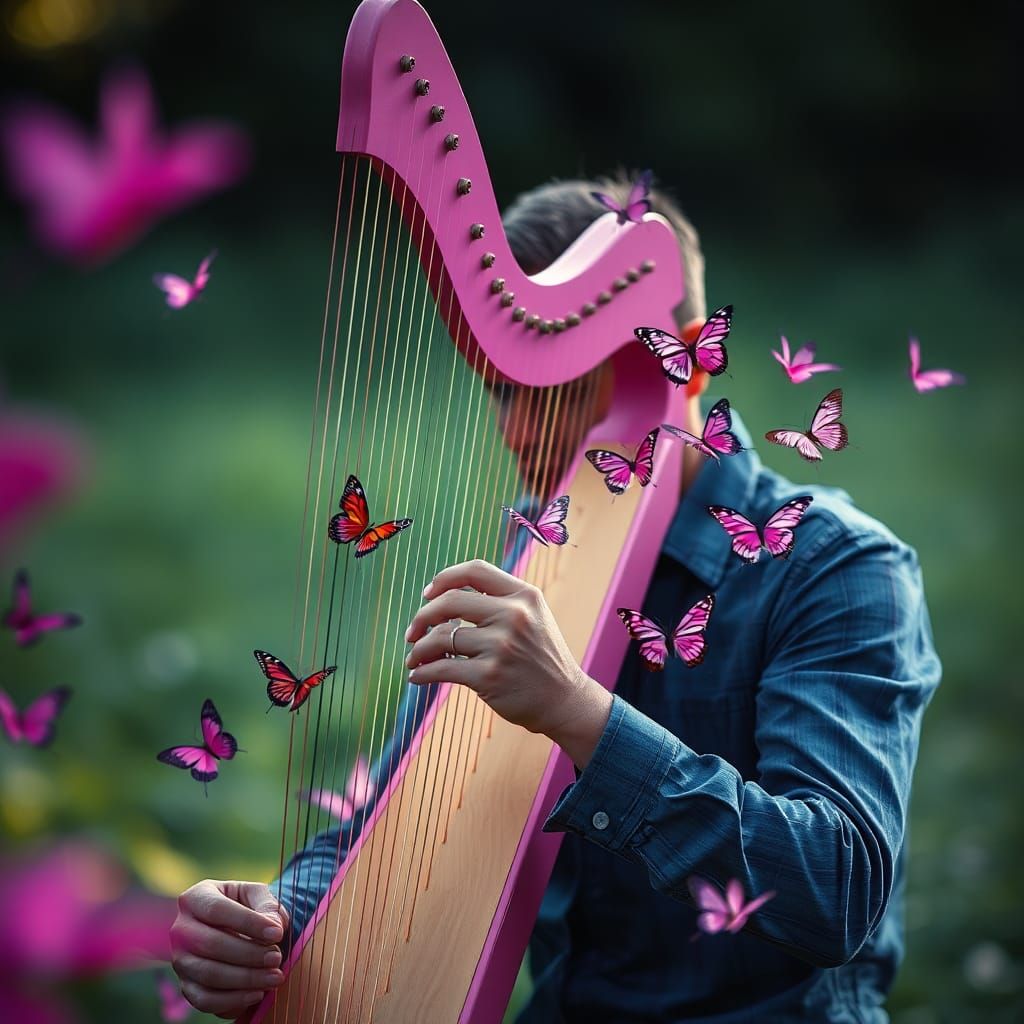 Man Plays Pink Harp Surrounded by Butterflies