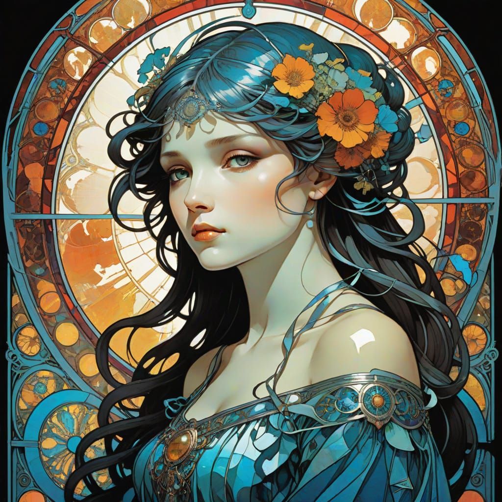 Art Nouveau Portrait with Shattered Stained Glass Elements