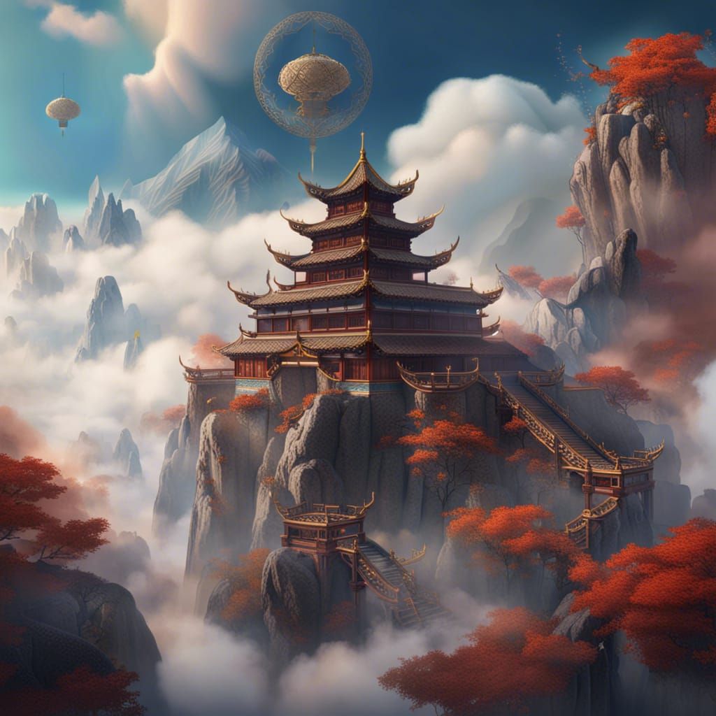Heavenly Palace Soaring Above Clouds in Chinese Antique Pain...