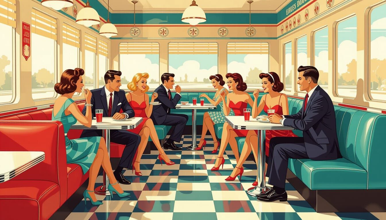1950s Diner Scene in Mid-Century Poster Style