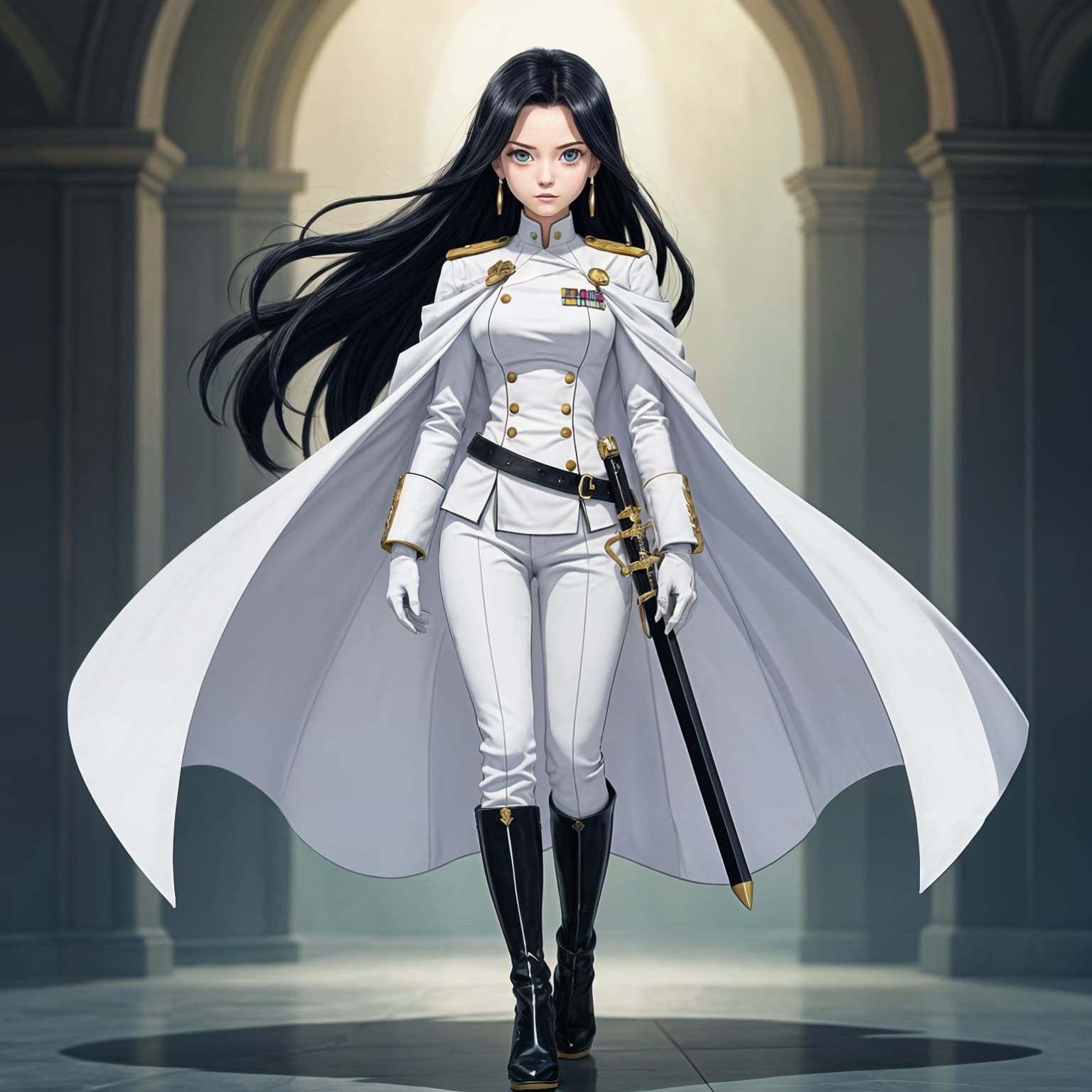 Anime Female Admiral in White Uniform with Cape and Sword