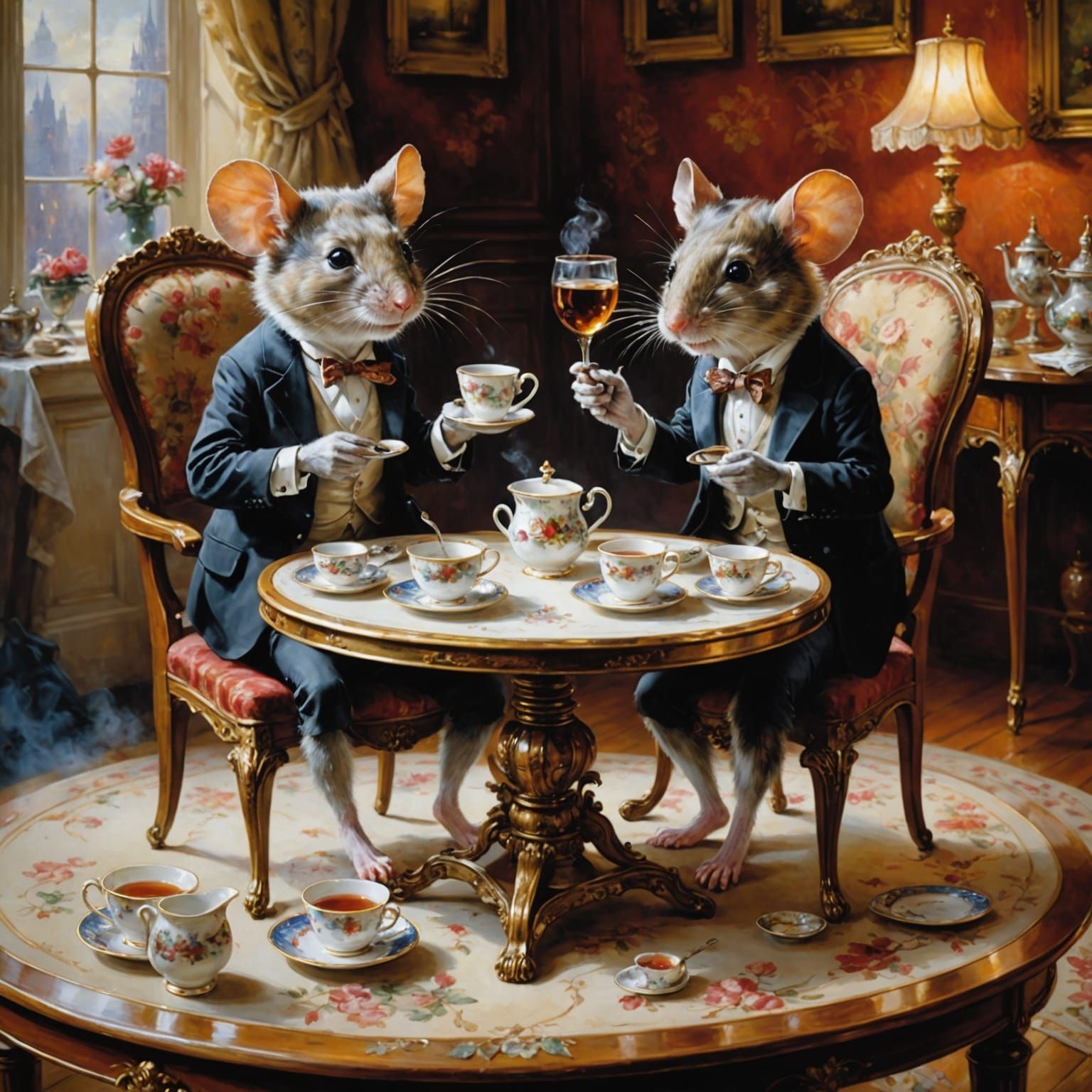 Whimsical Mice Enjoy Tea in a Victorian Setting