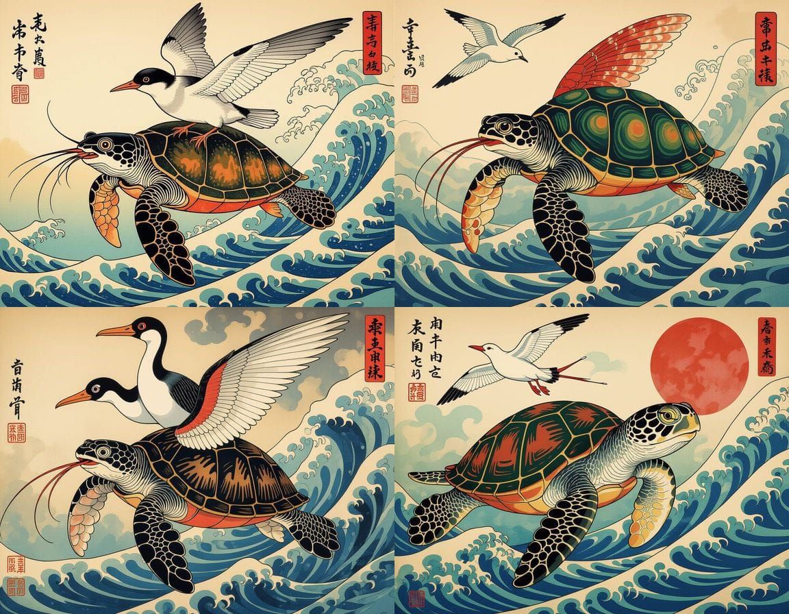 Surreal Hybrid Creature in Futuristic Ukiyo-e Style