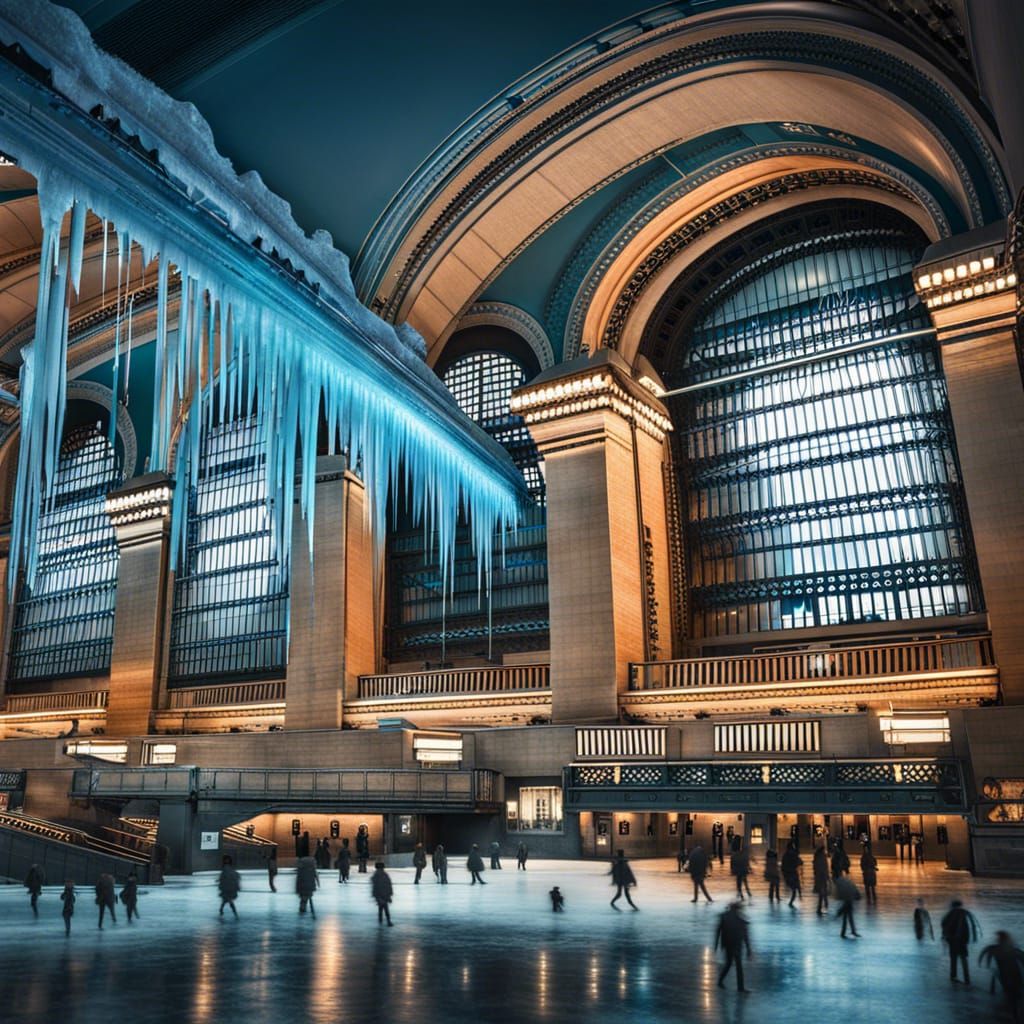 Blue Neon Frozen Grand Central Station: Hyperrealistic Inter...