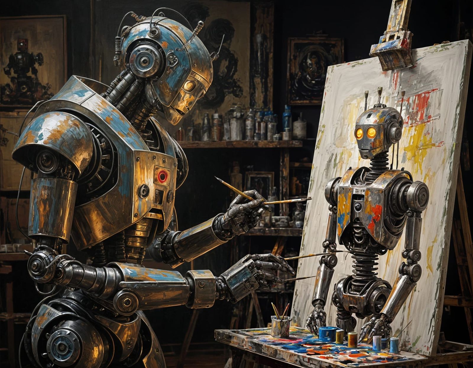 Robot Painter Creating Art in Old Painting Style