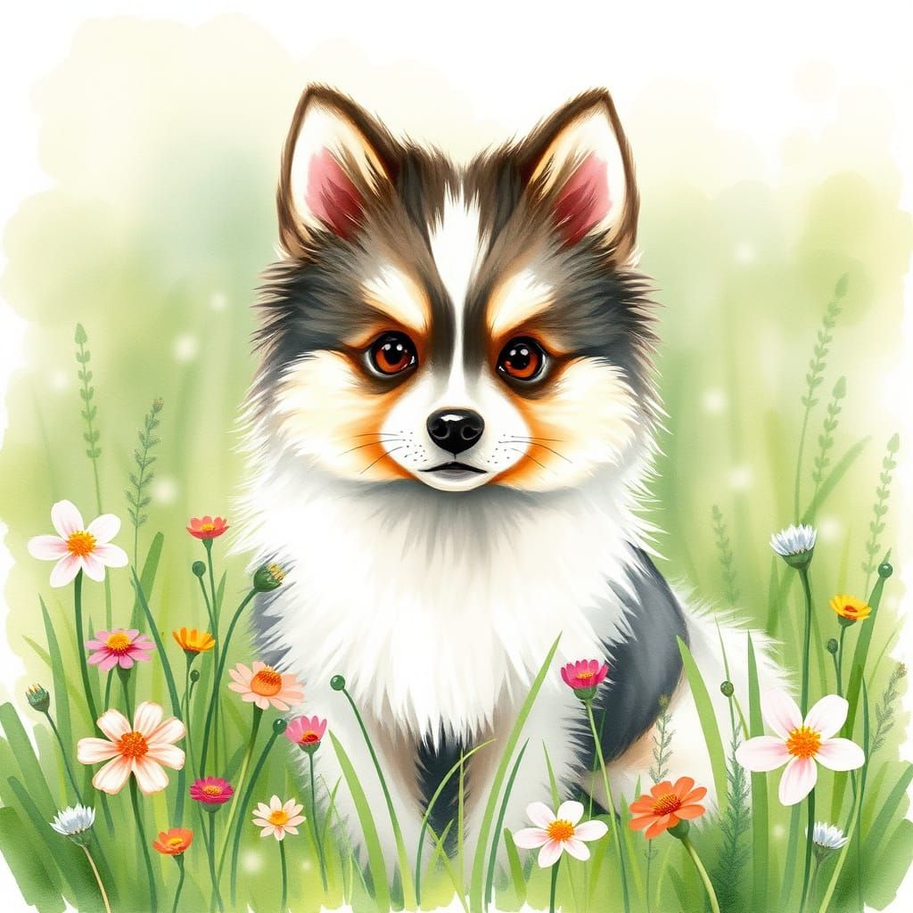 Whimsical Watercolor Pomsky Puppy in a Lush Meadow