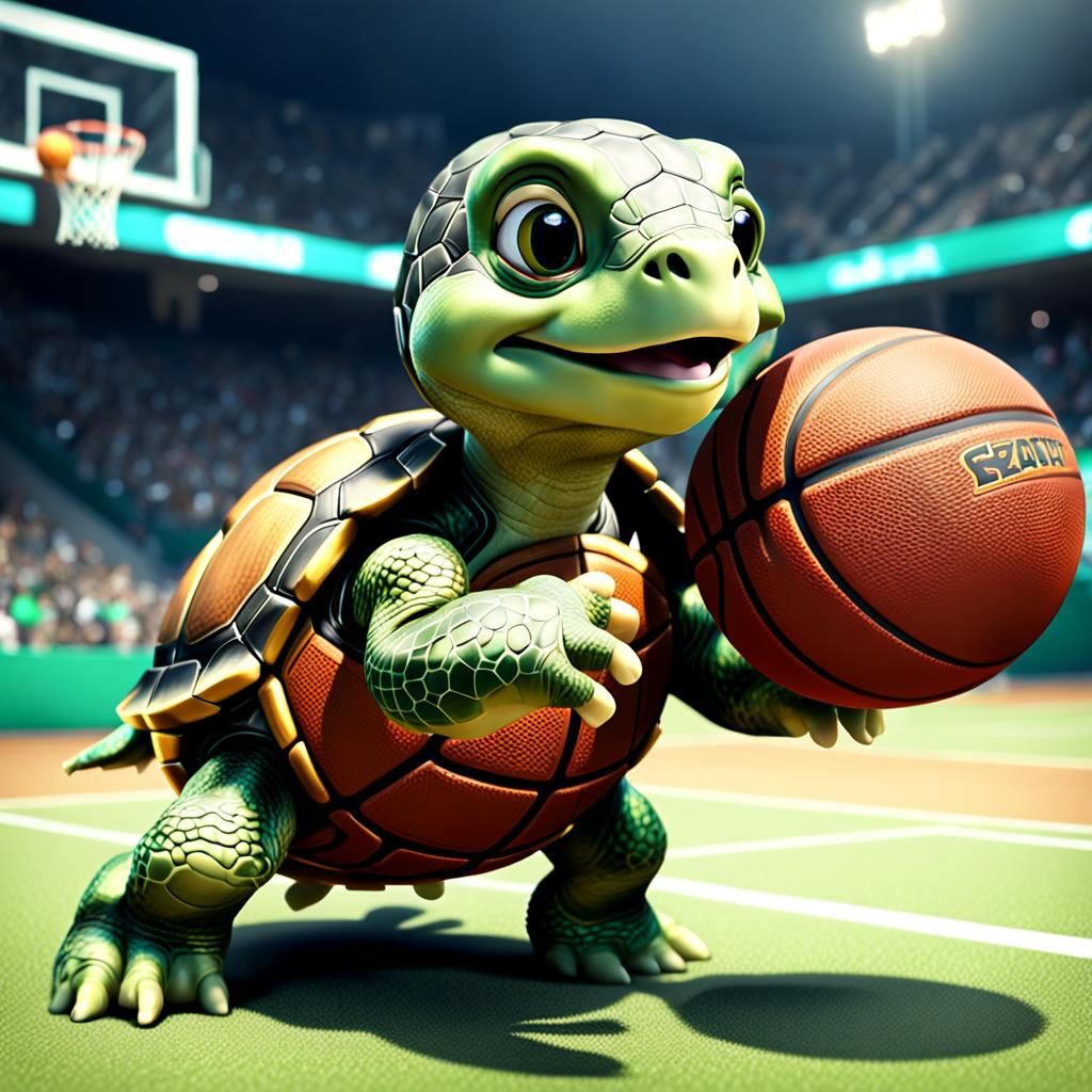 Cartoon Turtle Plays Basketball in CGI Style