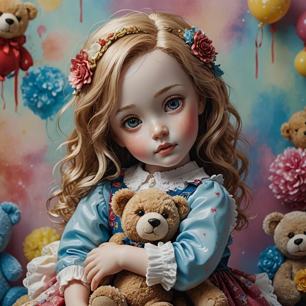 Hyperrealistic Porcelain Doll Hugging Teddy Bear