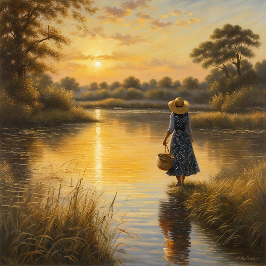 Woman in Straw Hat Gazing at Sunset, as Oil Painting