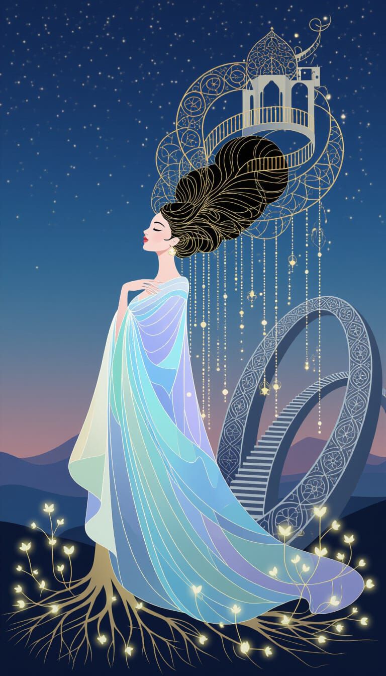 Ethereal Queen of Twilight Sky with Golden Filigree Hair