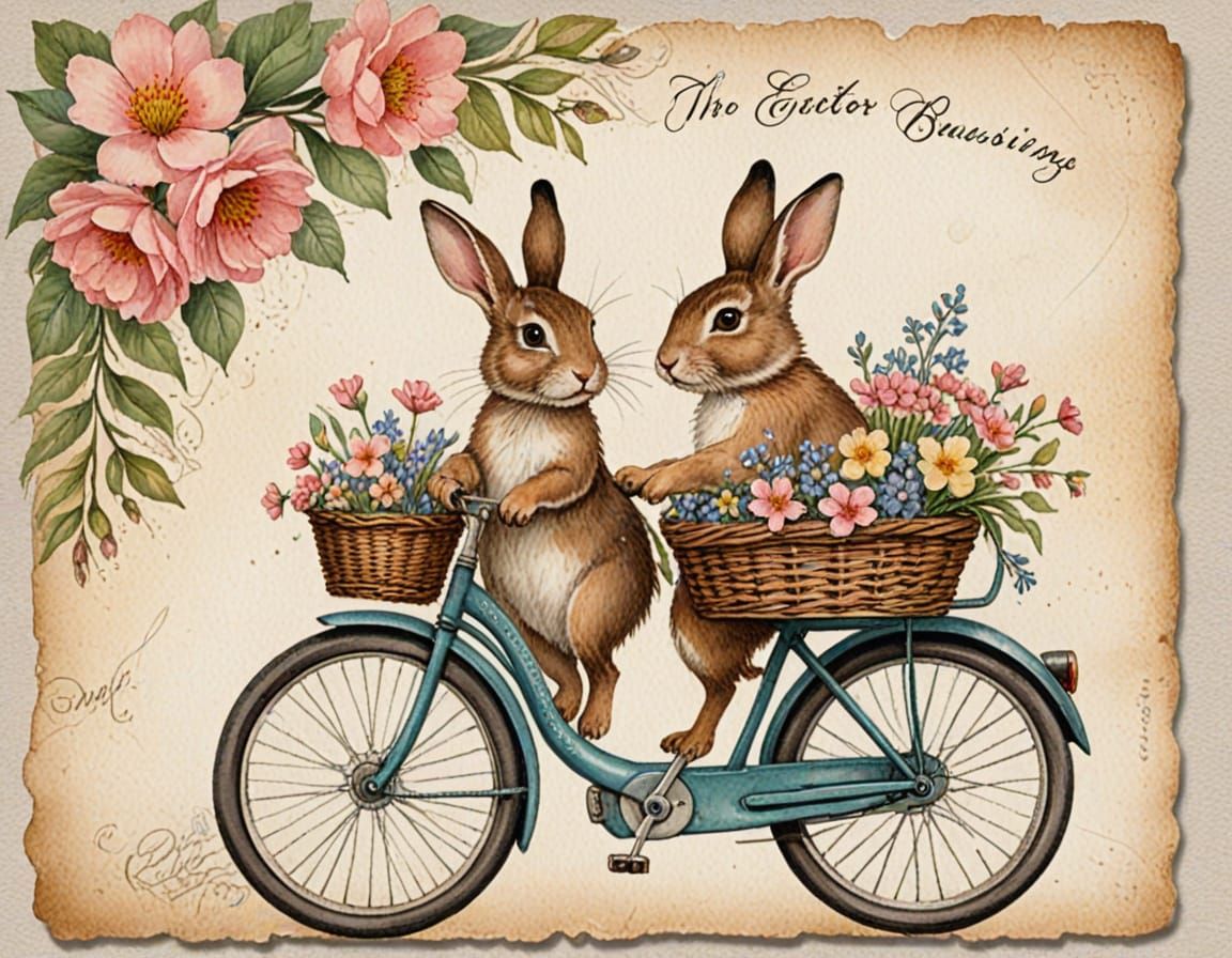 Vintage Easter Postcard: Child on Bike with Baby Bunnies