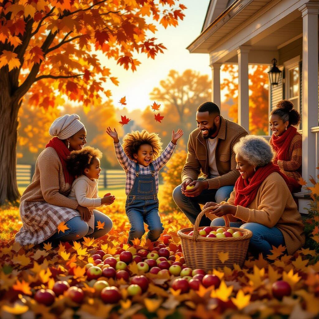 African American Family Harvests Orchard in Golden Hour