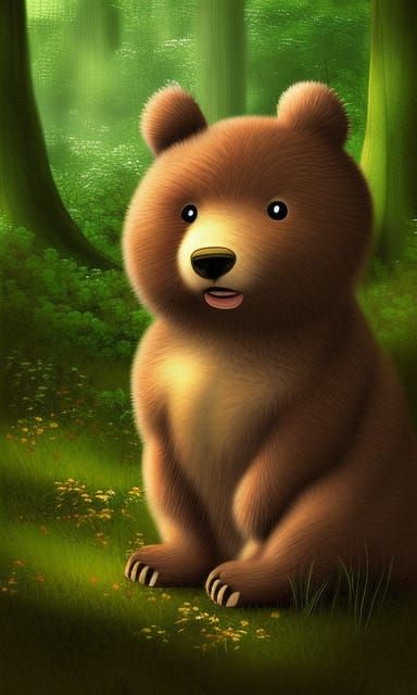 Adorable Bear in Forest: Ghibli Style Digital Art