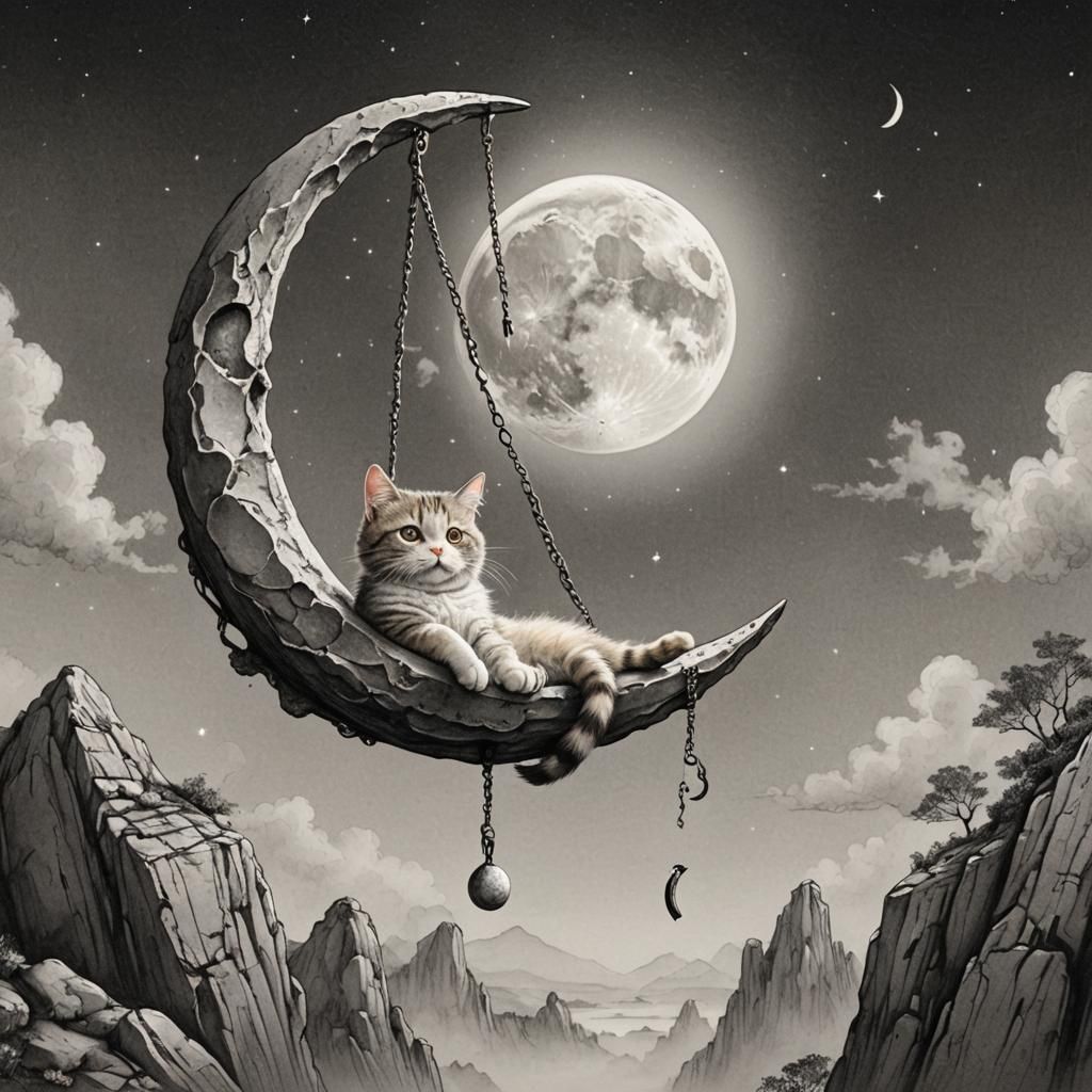 Cute Cat on Moon Swing in Fantasy Ink Drawing
