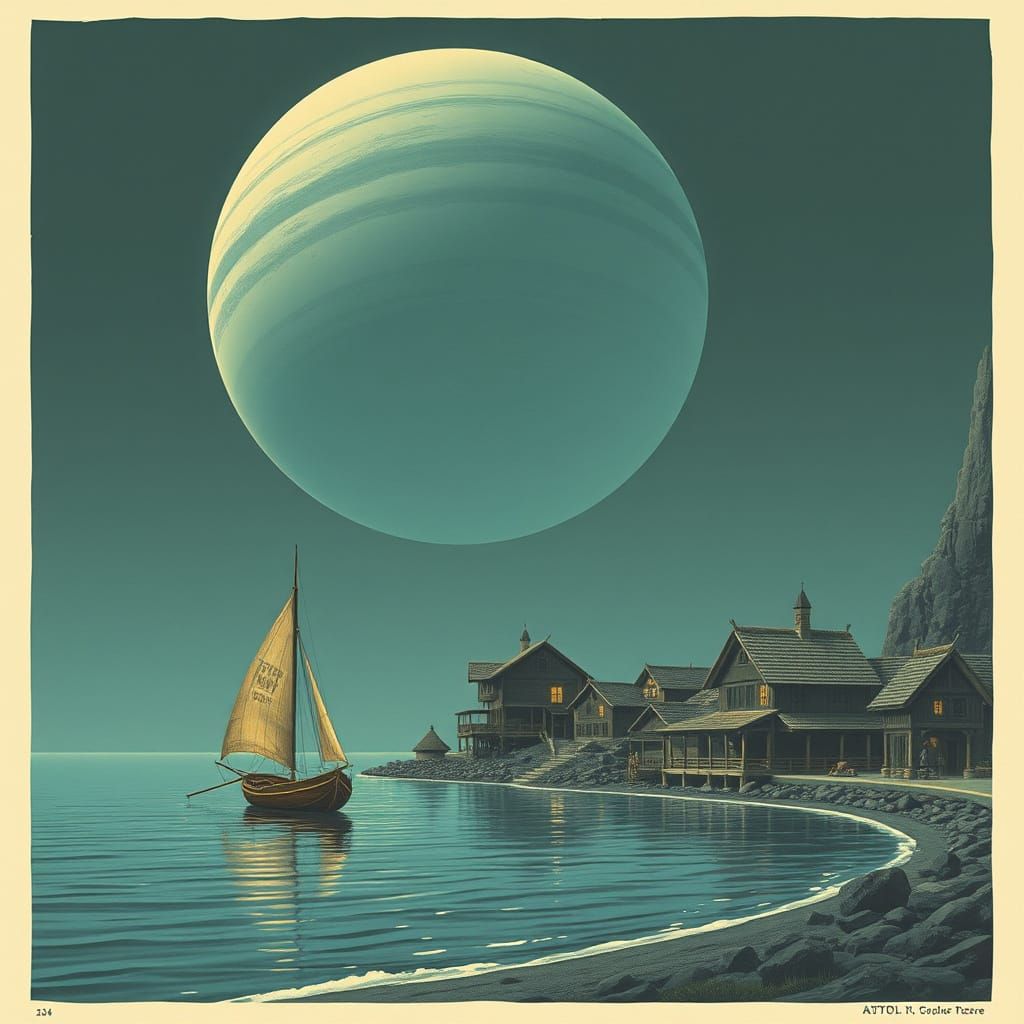 Alien Fishing Village Under Ringed Planets