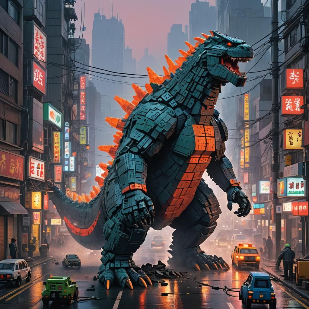 Godzilla made out of Lego blocks