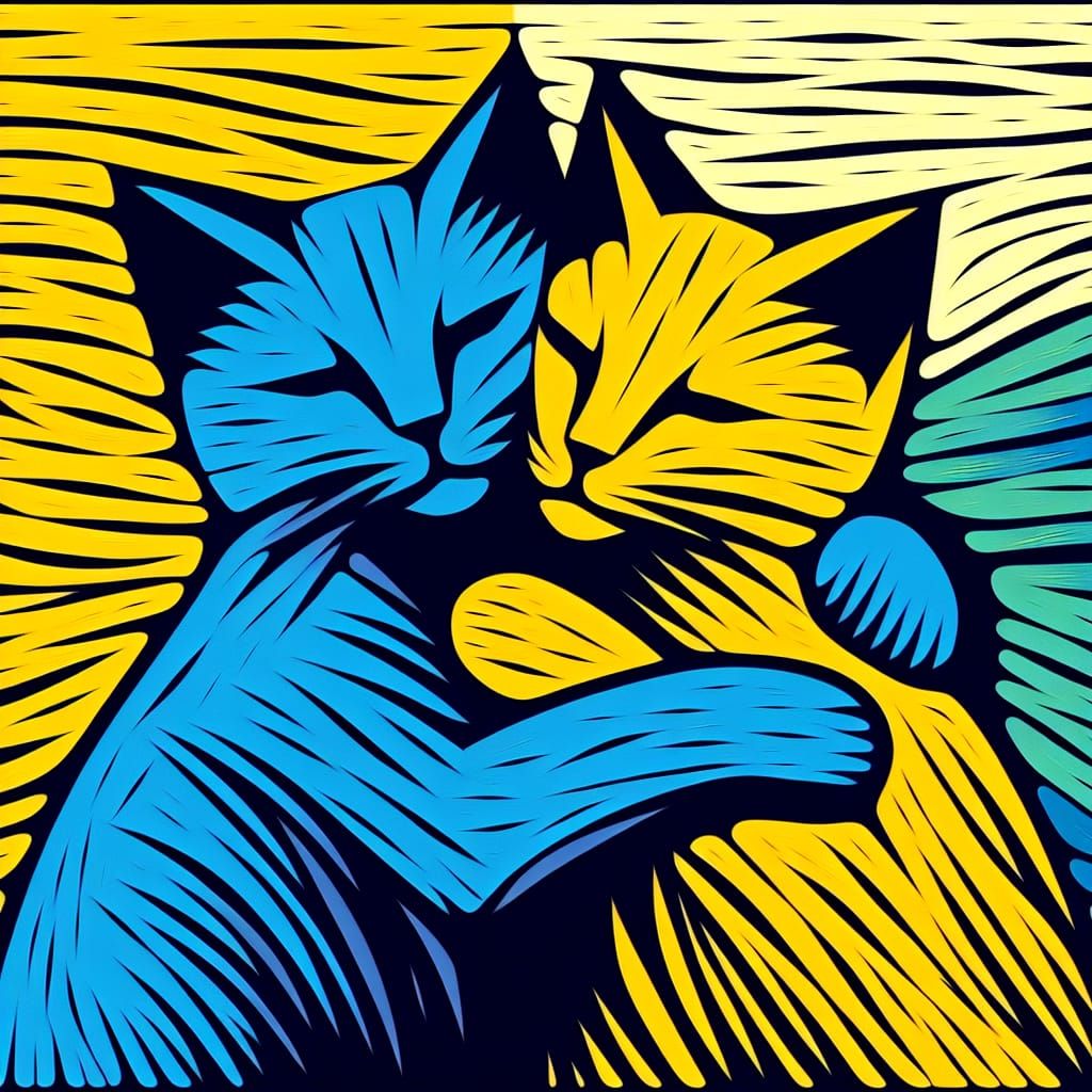 Abstract Impasto Cats in Japanese Woodblock Style