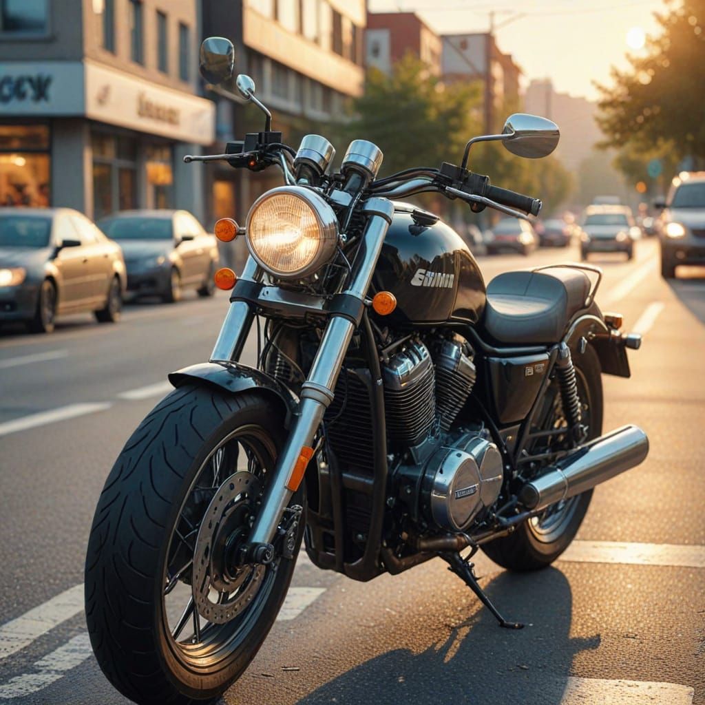 Motorcycle in Traffic: Hyperrealistic Digital Art