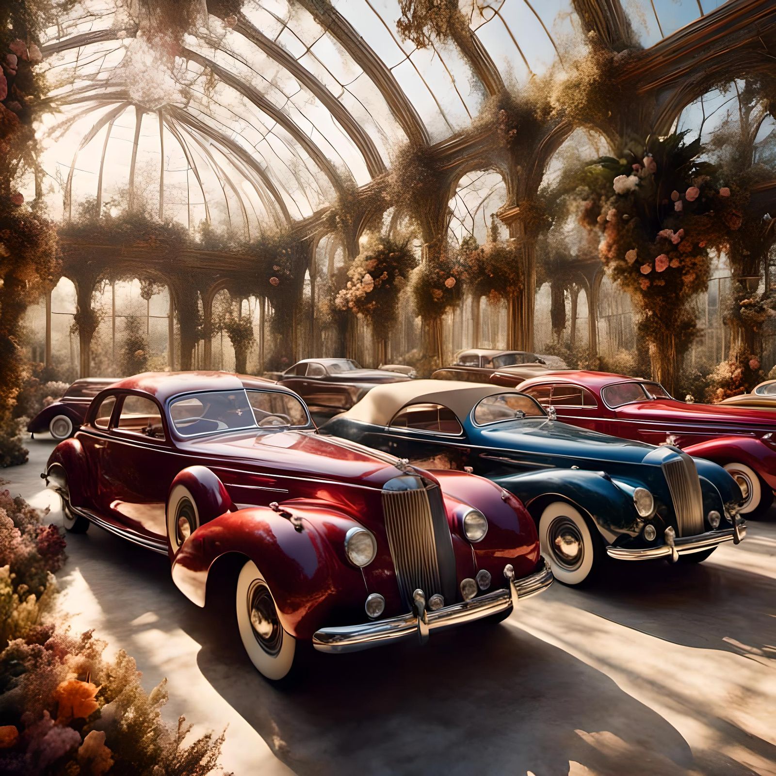 Luxury 1940s Cars in a Vast Showroom