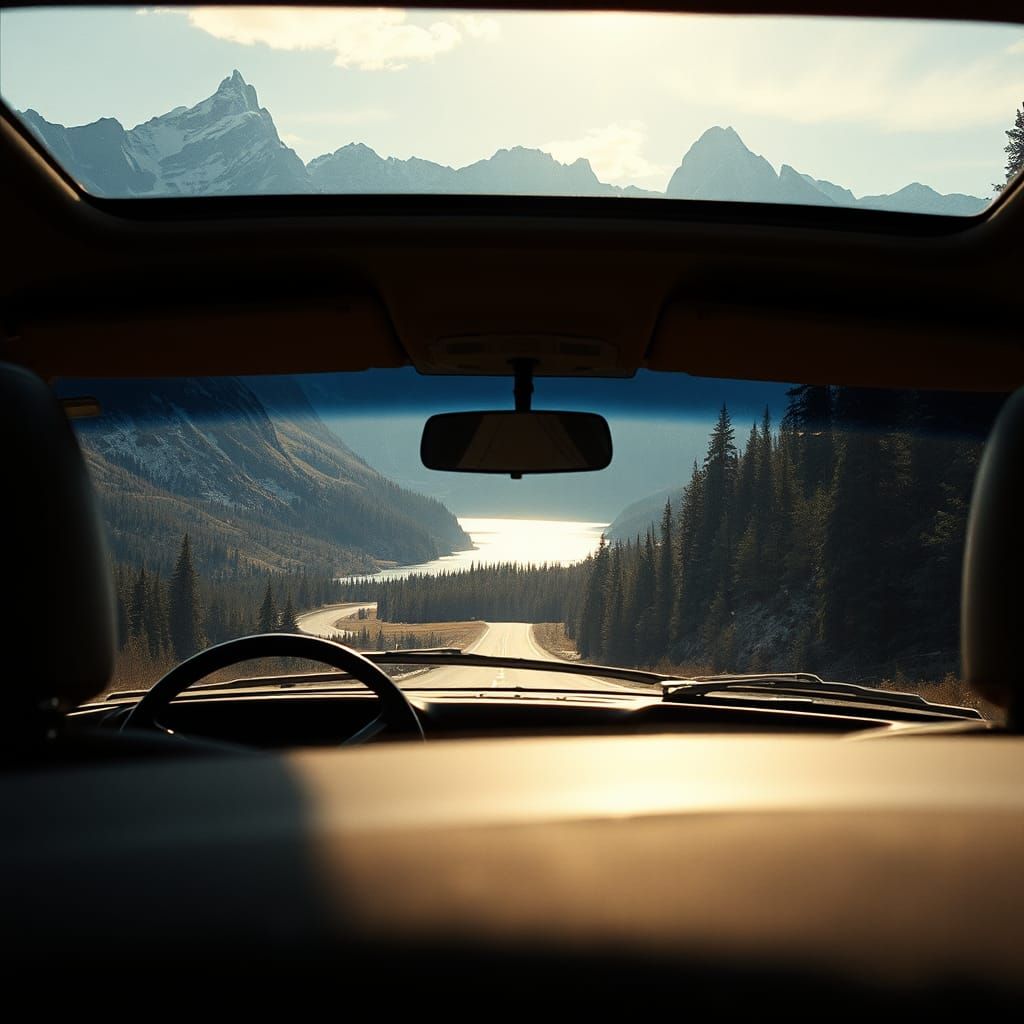 Cinematic Mountain View from Car Interior